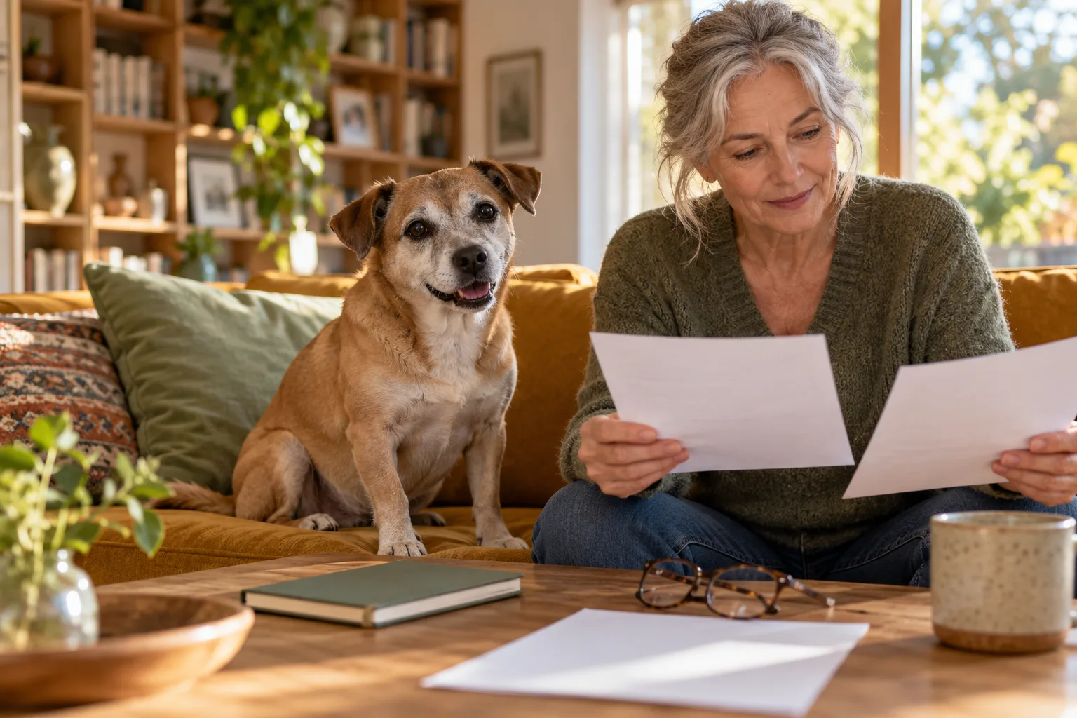Older owner reviewing paperwork with a small dog beside her